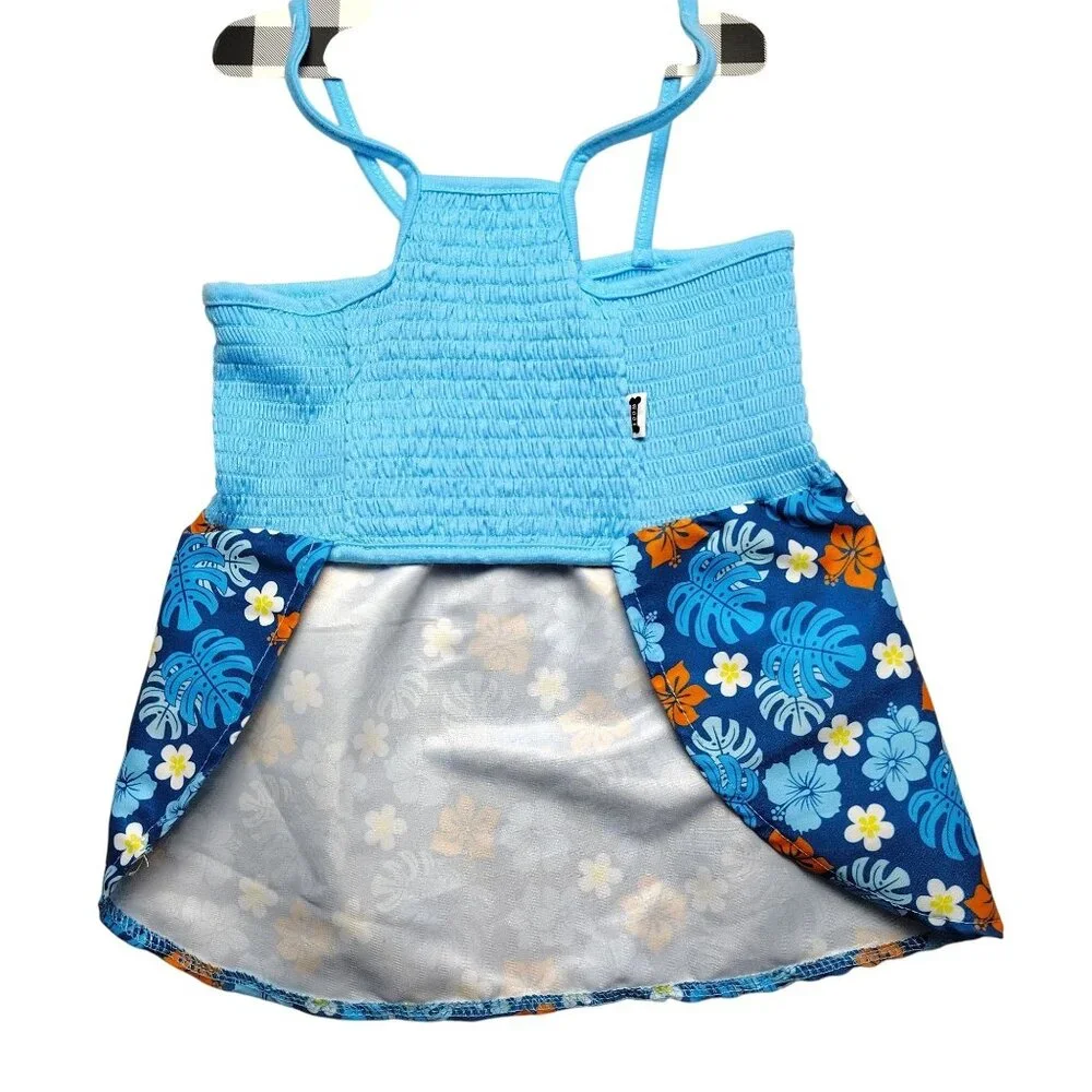 Pet Apparel XL Tropical Floral Blue Dress For Dogs With Stretchy Smocked Bodice